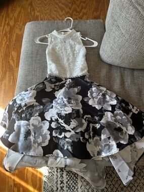 Speechless White Lace Bodice Black & Gray Floral Skirt Formal Dress